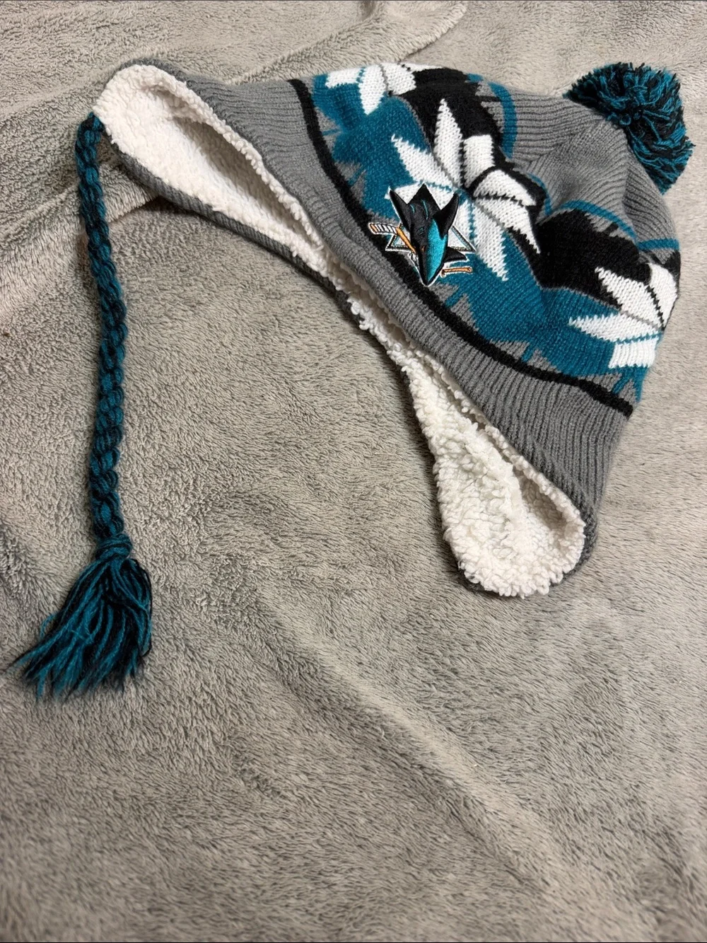 Kids Gray & Teal Fleece-Lined Earflap Pom Hat